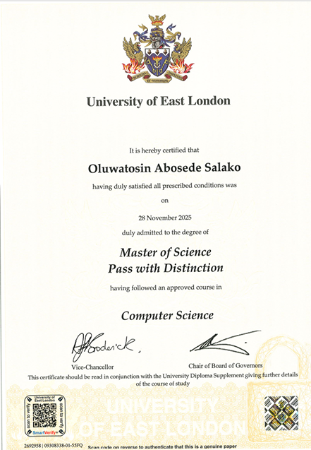 Sample Master's degree certificate — University of East London